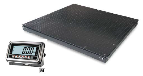 Plataforma de pesaje BVE esmaltada en negro, con robusta chapa lagrimada y estructura de acero con perfil U. Incluye bastidor para protección lateral y un indicador digital inoxidable con pantalla LCD, adecuada para instalación a nivel de suelo o empotrada.