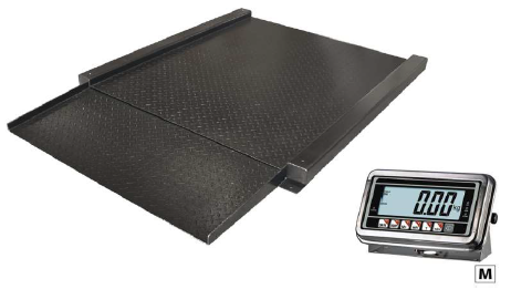 Plataforma de pesaje BVR esmaltada en color negro, con estructura reforzada y rampa de acceso. Cuenta con células de carga de alta precisión y protección IP67, y un indicador digital con pantalla LCD, para una instalación robusta y fiable en suelo industrial.