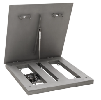 Plataforma de pesaje PO abierta, mostrando su estructura interna y plato de carga inspeccionable, ambos de acero inoxidable 304. Incluye pies articulados y ojales soldados para facilitar la elevación, garantizando precisión y durabilidad para uso industrial.