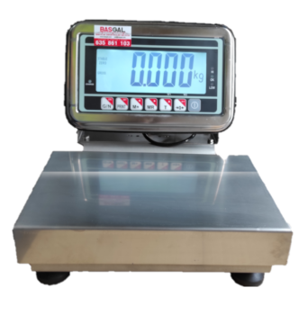 Báscula industrial iMN/FLQ con plataforma de acero inoxidable 316L y una columna que sostiene un indicador con pantalla LCD retroiluminada grande. Incluye función de control de peso con indicación visual LED y señal acústica, ideal para entornos industriales exigentes y cuenta con alimentación de 230 Vac