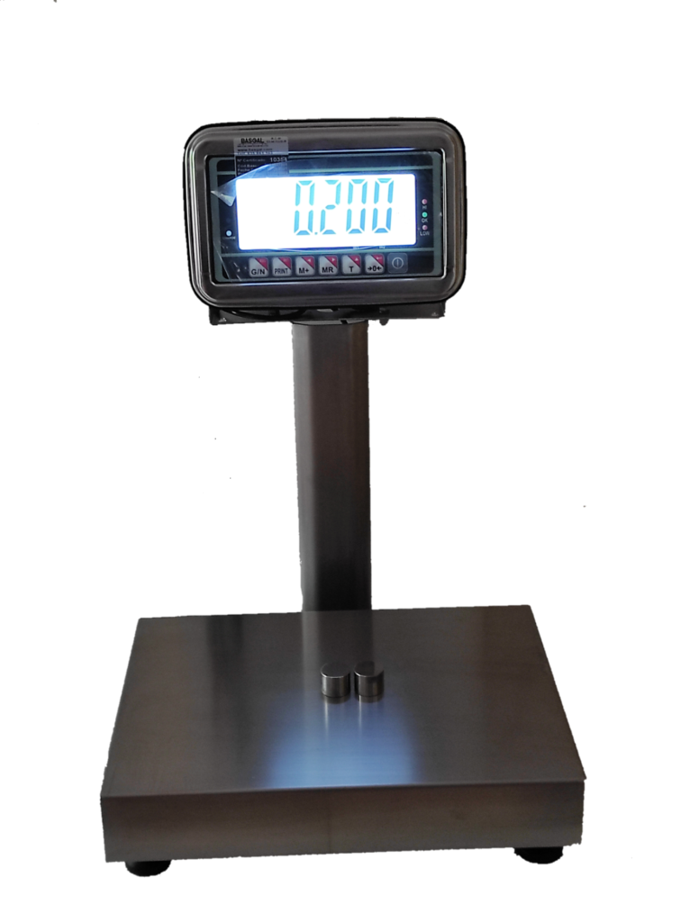 Báscula industrial iMN/FLQ con columna y plataforma de acero inoxidable 316L. El indicador con pantalla LCD retroiluminada muestra peso en números grandes y azules, acompañado de tres luces LED para indicaciones y señales acústicas, adecuada para uso interno en entornos industriales